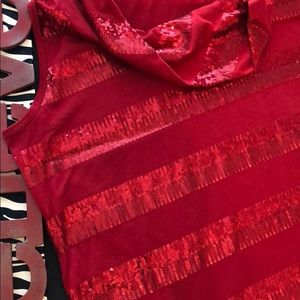 Red sequin cowl neck tank top